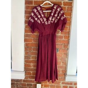 Entro Red Flowy Embroidered Midi Dress -S